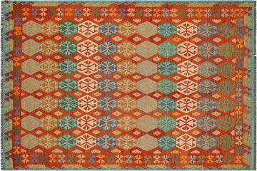 Flat Weave Kilim, Antique, Navaho, Vintage, Handmade, Geometric Kilim Rust Blue Hand-Woven Rectangle 100% Wool Area Rug 9 x 10